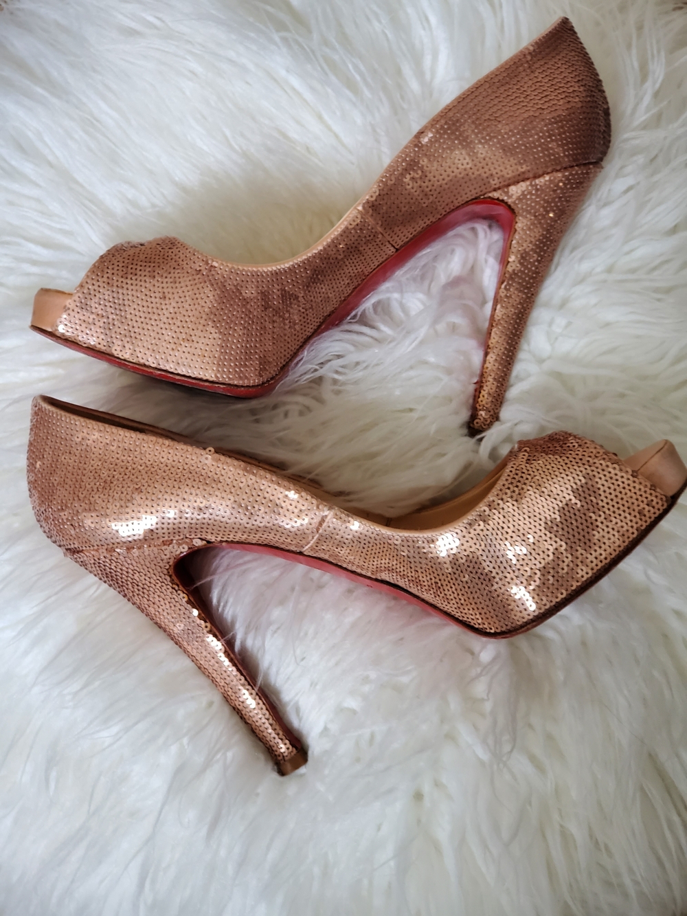 Christian Louboutin Rose Gold Sequin Peep-Toe Pumps with Red Sole